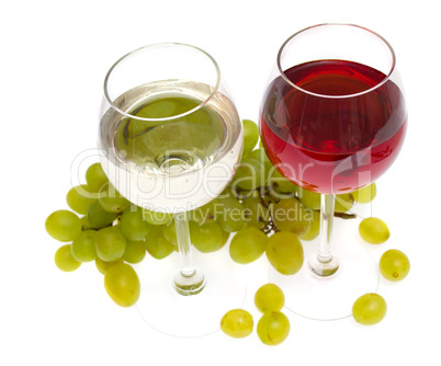 Glasses of white and rose wine and grapes over white