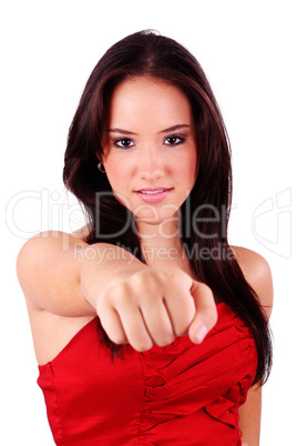 Portrait of an attractive young female punching. Isolated on whi