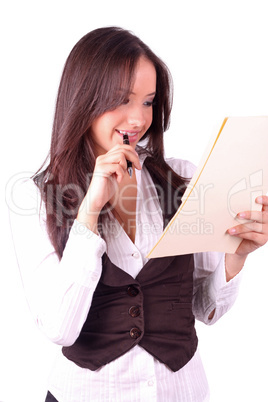 Sexy business woman holding file folder, full length portrait is