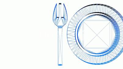 Rotation of 3D Tableware.dishware,kitchen,fork,knife,flatware,spoon,metal,dinner,restaurant,Grid,mesh,sketch,structure,