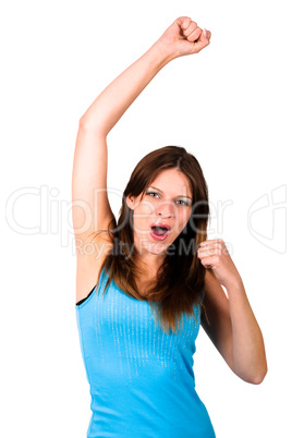 Young woman in a blue top cheering