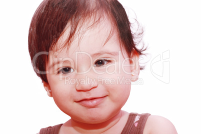 little child baby smiling closeup portrait on white background