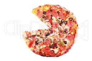 Pizza with one slice removed Isolated on white