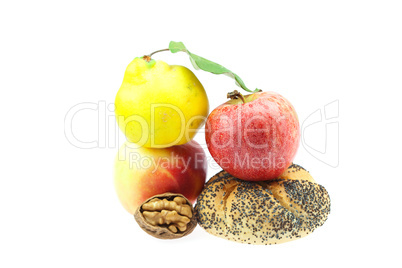 loaf with poppy seeds, quince, apples and walnuts isolated on wh