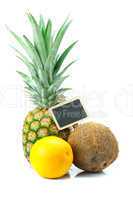 pineapple,  orange, coconut and board isolated on white
