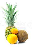 pineapple, mandarin, orange  and board isolated on white