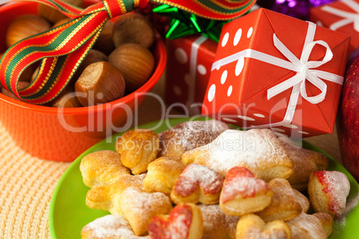 Dish, cookies, nuts, apple, bows, boxes, gifts, Christmas balls