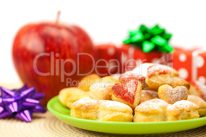 Dish, cookies, nuts, apple, bows, boxes, gifts, Christmas balls