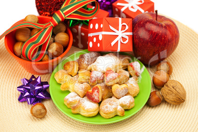 Dish, cookies, nuts, apple, bows, boxes, gifts, Christmas balls