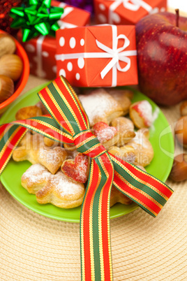 Dish, cookies, nuts, apple, bows, boxes, gifts, Christmas balls