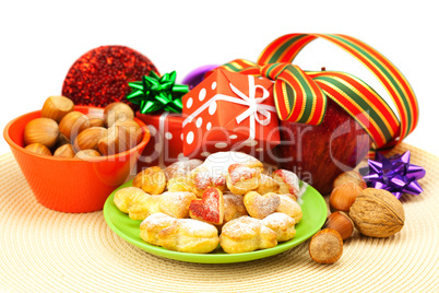 Dish, cookies, nuts, apple, bows, boxes, gifts, Christmas balls