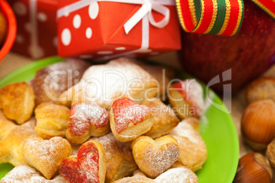 Dish, cookies, nuts, apple, bows, boxes, gifts, Christmas balls