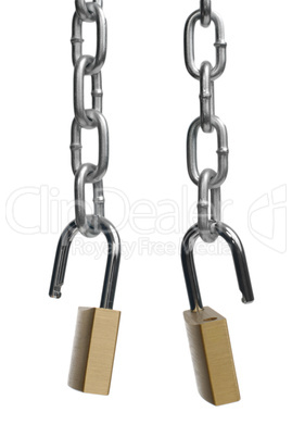 Two open padlock and chain