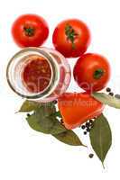 Red tomatoes, pepper, bay leaf, ketchup