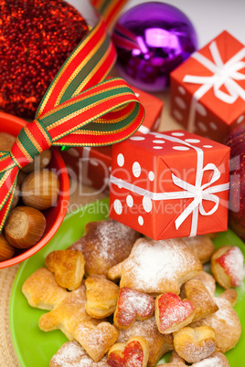 Dish, cookies, nuts, apple, bows, boxes, gifts, Christmas balls