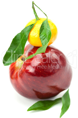 mandarin  and an apple with green leaf isolated on white