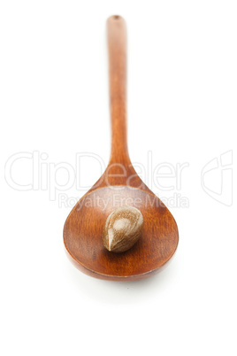 Pecans in the wooden spoon isolated on white