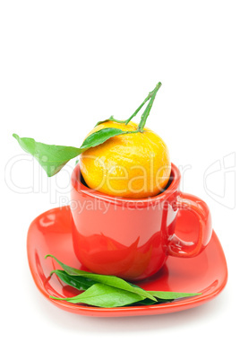 mandarin with green leaves in a cup isolated on white