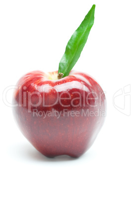 red apple with green leaf isolated on white