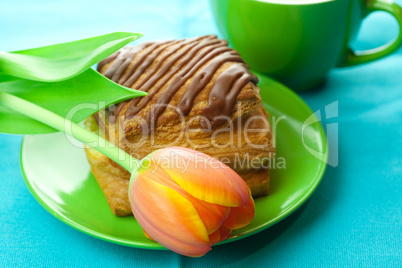 cake with chocolate on the plate, tulip and a cup on the fabric