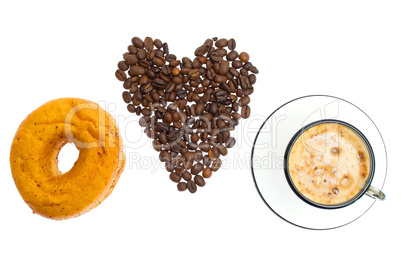 Cappuccino, donut, brown sugar and coffee beans on white backgro