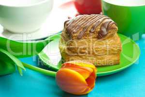 cake with chocolate on the plate, tulip and a cup on the fabric