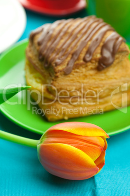 cake with chocolate on the plate, tulip and a cup on the fabric