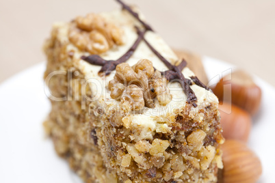 Piece of cake with nuts lying on the plate