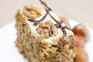 Piece of cake with nuts lying on the plate