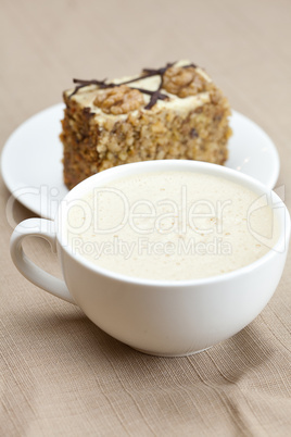 cup of cappuccino, a piece of cake with nuts lying on the plate