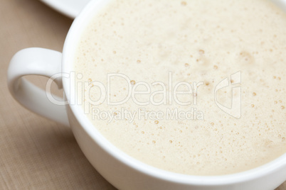 cup of cappuccino, a piece of cake with nuts lying on the plate