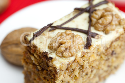 Piece of cake with nuts lying on the plate on a red background