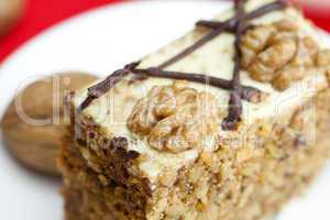 Piece of cake with nuts lying on the plate on a red background