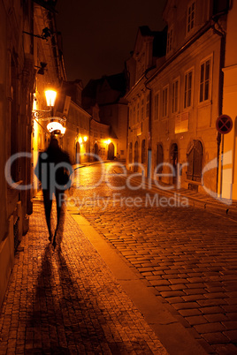 a beautiful night view of the street and the shadow of a man in