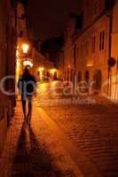 a beautiful night view of the street and the shadow of a man in