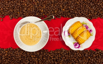 coffee cup from above with coffee beans