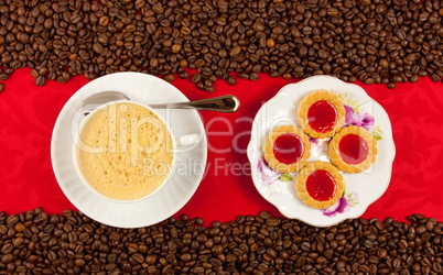 coffee cup from above with coffee beans