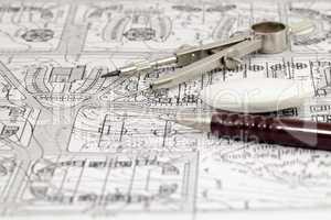 architecture blueprint & work tools - pencil, compass, eraser