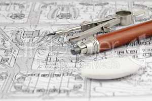 architecture blueprint & work tools - pencil, compass, eraser