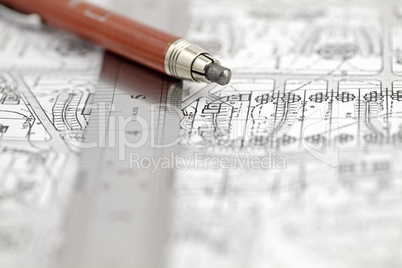 Architecture plan, ruler & pencil