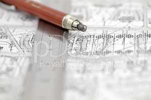 Architecture plan, ruler & pencil