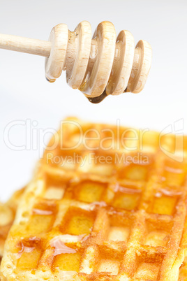 delicious Belgian waffles and stick to honey isolated on white