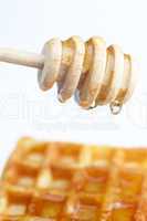 delicious Belgian waffles and stick to honey isolated on white