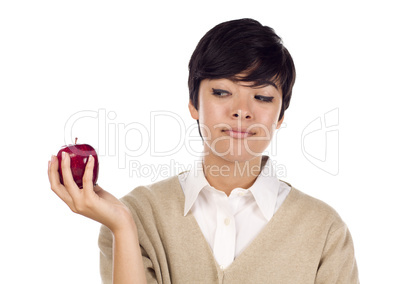 Pretty Hispanic Young Adult Female Looking at Apple