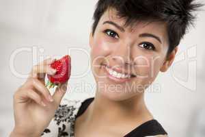 Pretty Hispanic Woman Holding Strawberry