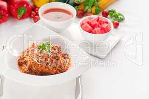 spaghetti with bolognese sauce with gazpacho soup and fresh vege