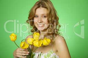 Happy Young Woman Hugging Flower