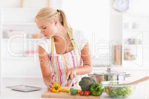 Woman using a tablet computer to cook