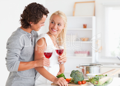 Couple having a glass of red wine