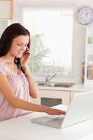 Woman telephoning by laptop